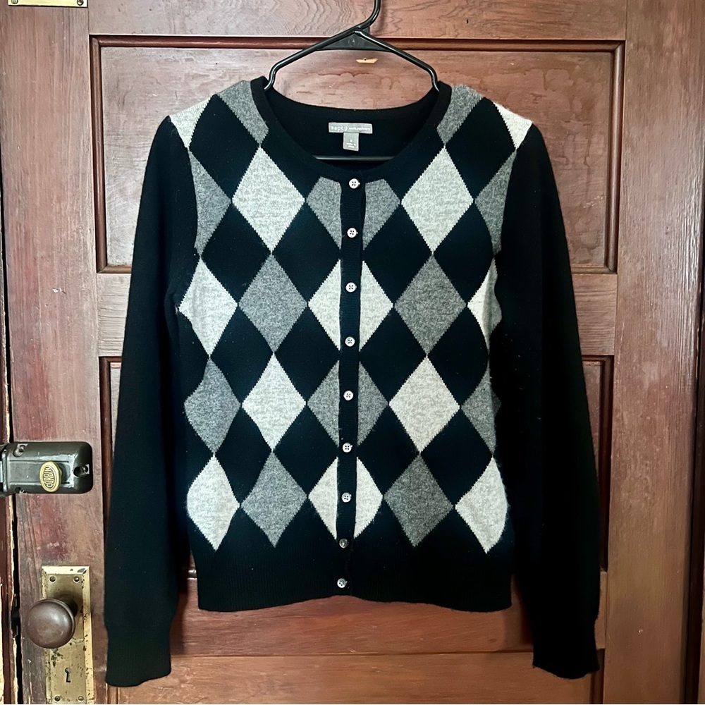 Apt. 9 100% Cashmere Argyle / Diamond Cardigan - Black and Gray - Size Small